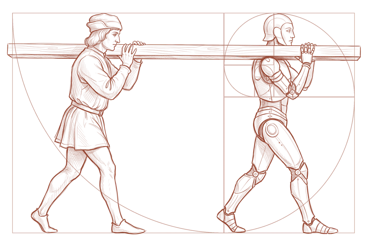 A craftsman and a mechanical knight carrying a beam together, drawn in red chalk on a golden rectangle and spiral
